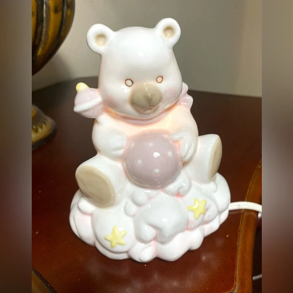 NURSERY NIGHT LIGHT CERAMIC BEAR ON CLOUD with RATTLE & BALL Decoration - Picture 3 of 11
